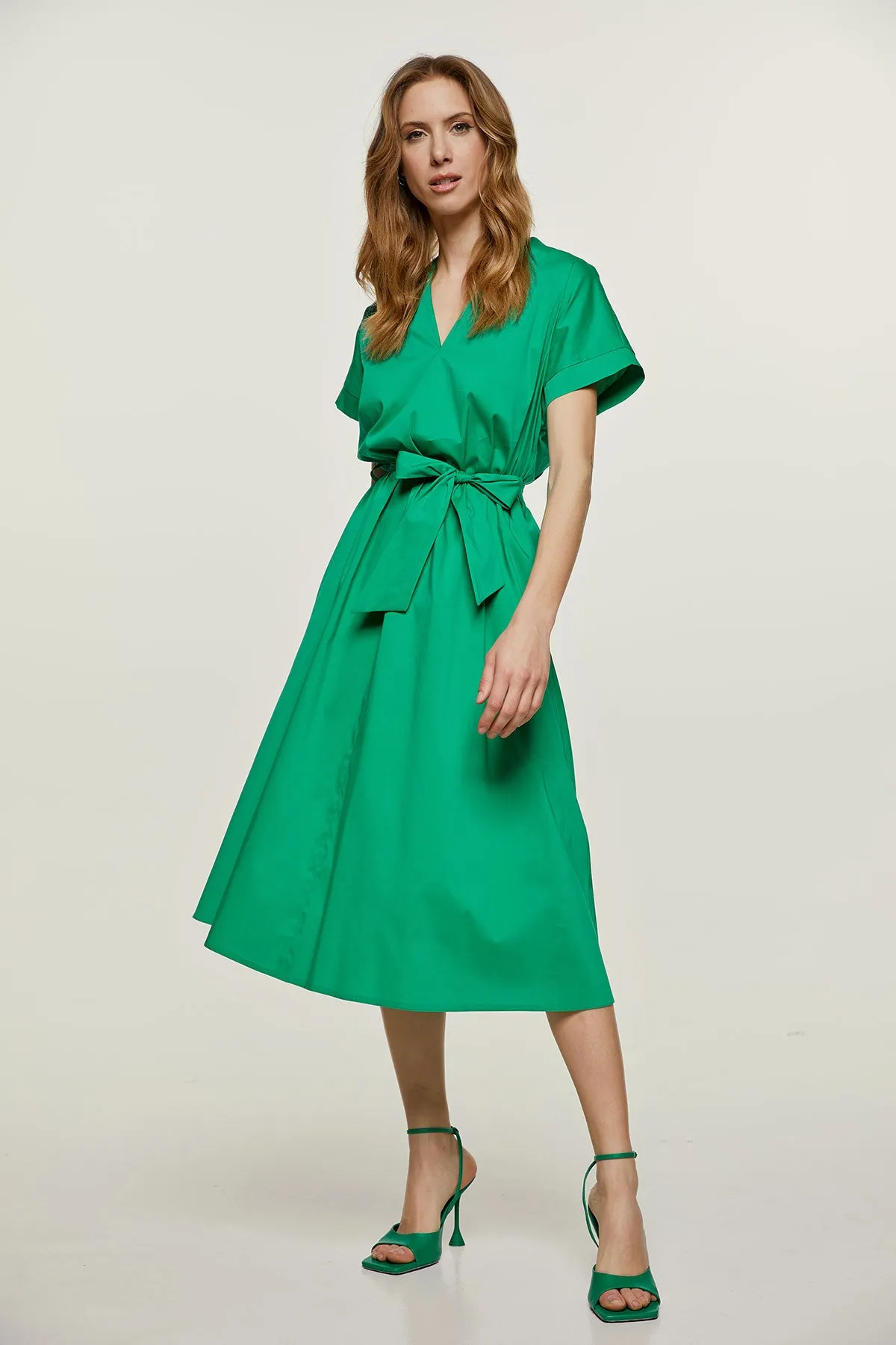 Green A Line Midi Dress with Belt