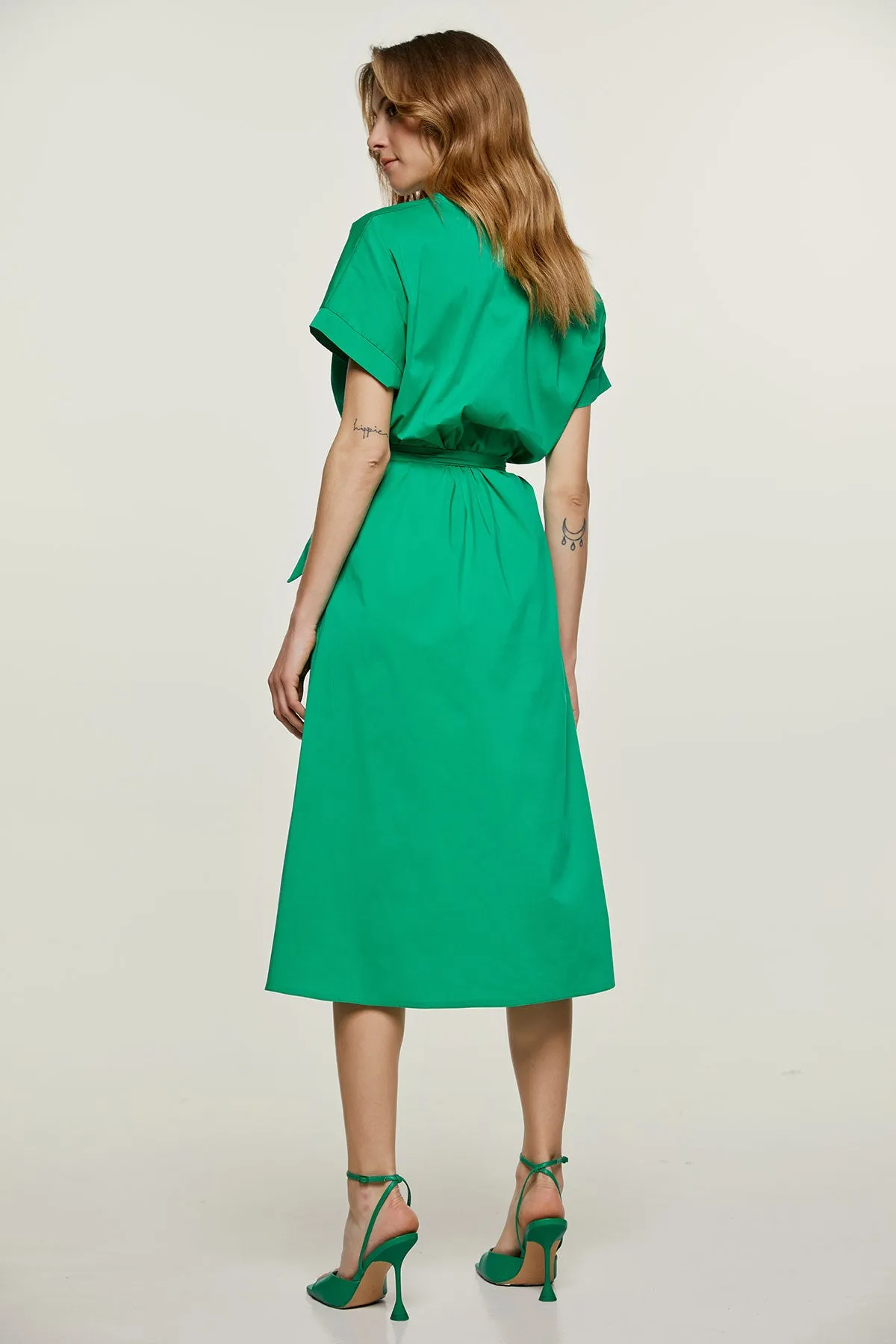 Green A Line Midi Dress with Belt