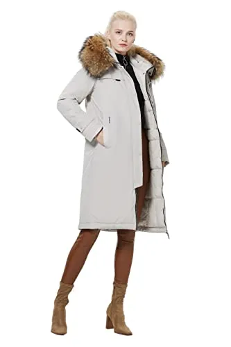 ICEbear Women's Down Jacket Winter Long Coat Windproof Puffer Jacket with Fur Hood, White, X-Small