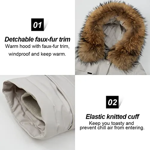 ICEbear Women's Down Jacket Winter Long Coat Windproof Puffer Jacket with Fur Hood, White, X-Small