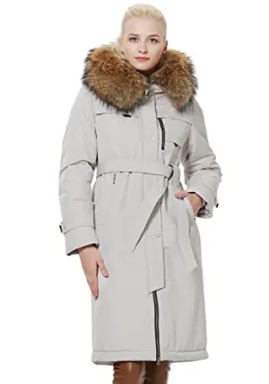 ICEbear Women's Down Jacket Winter Long Coat Windproof Puffer Jacket with Fur Hood, White, X-Small