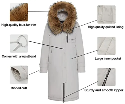 ICEbear Women's Down Jacket Winter Long Coat Windproof Puffer Jacket with Fur Hood, White, X-Small