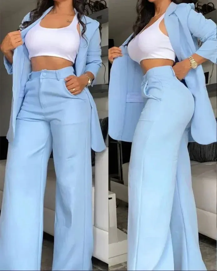 Notched Blazer and High Waist Pants Plus Size Suits