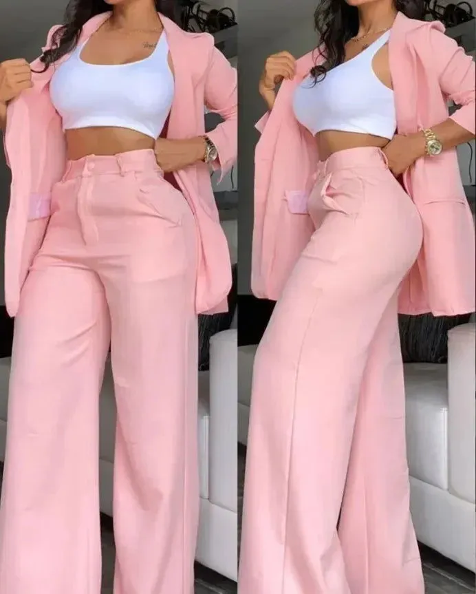 Notched Blazer and High Waist Pants Plus Size Suits