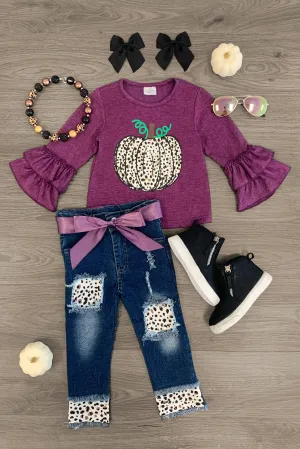 Plum Polka Dot Cheetah Pumpkin Denim Pant Set