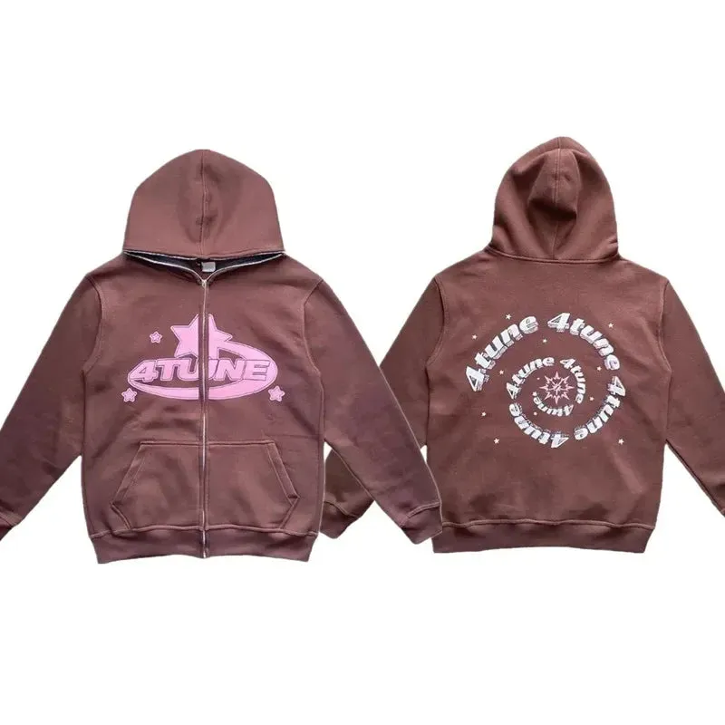 Riolio Star Letter Print Hoodie Men Retro Zip Up Long Sleeve Loose Jacket Coats Harajuku Casual Gothic Hooded Sweatshirt Y2K Streetwear