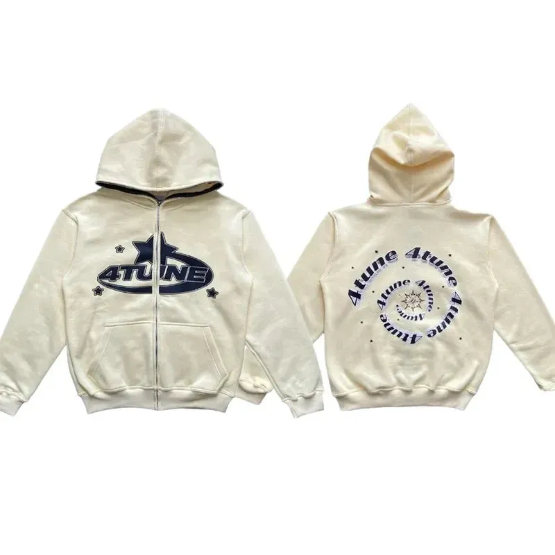 Riolio Star Letter Print Hoodie Men Retro Zip Up Long Sleeve Loose Jacket Coats Harajuku Casual Gothic Hooded Sweatshirt Y2K Streetwear