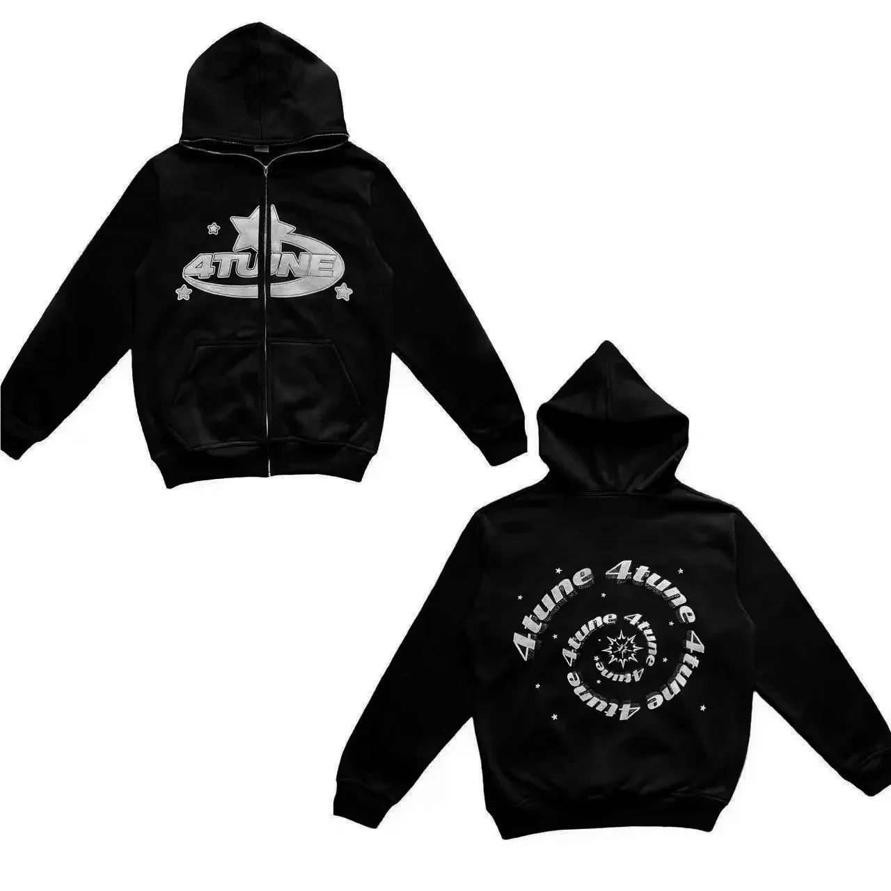 Riolio Star Letter Print Hoodie Men Retro Zip Up Long Sleeve Loose Jacket Coats Harajuku Casual Gothic Hooded Sweatshirt Y2K Streetwear
