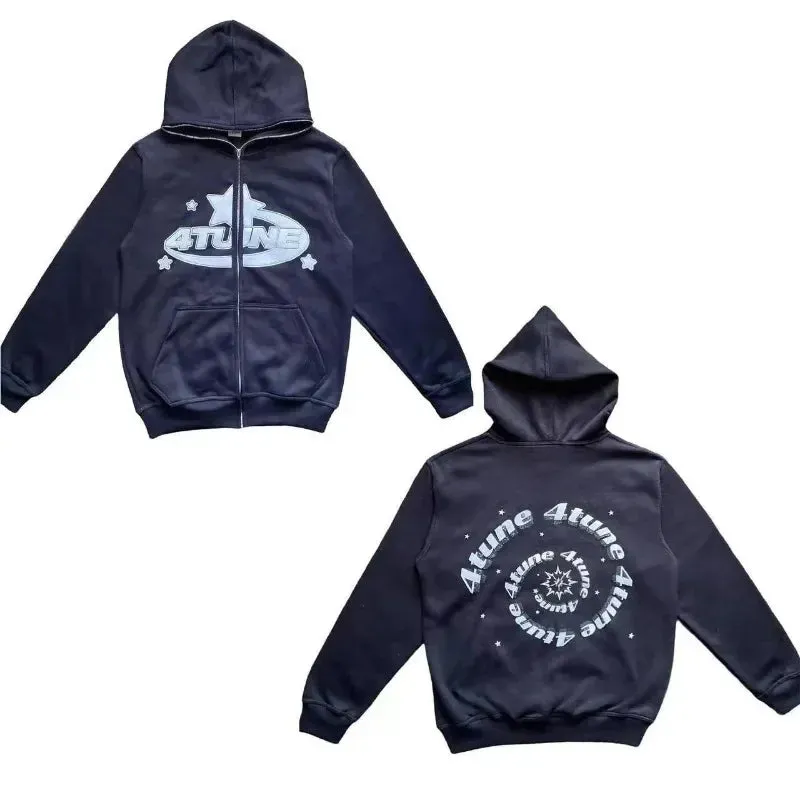 Riolio Star Letter Print Hoodie Men Retro Zip Up Long Sleeve Loose Jacket Coats Harajuku Casual Gothic Hooded Sweatshirt Y2K Streetwear