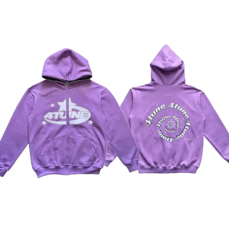 Riolio Star Letter Print Hoodie Men Retro Zip Up Long Sleeve Loose Jacket Coats Harajuku Casual Gothic Hooded Sweatshirt Y2K Streetwear