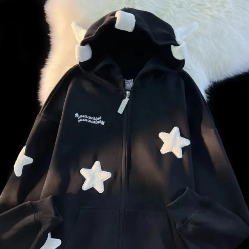 Riolio Sweet Street Star-shape Embroidery Kawaii Hoodies Coats Women Autumn Winter Women's Sweatshirt Cardigan Korean Fashion Zip Hoody