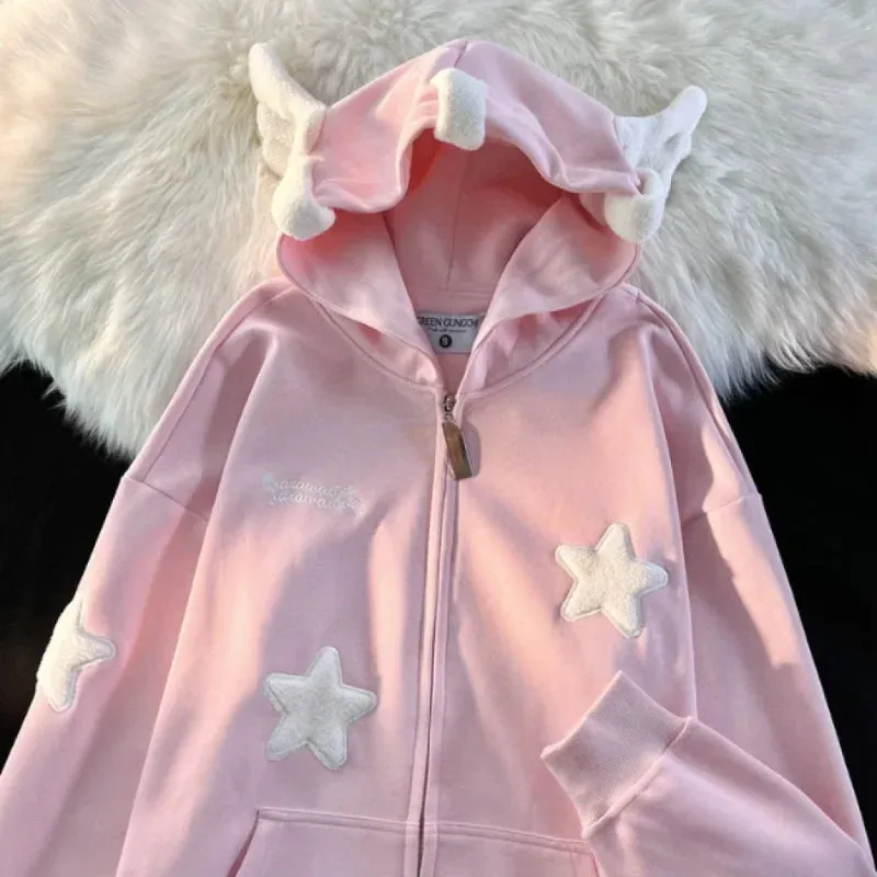 Riolio Sweet Street Star-shape Embroidery Kawaii Hoodies Coats Women Autumn Winter Women's Sweatshirt Cardigan Korean Fashion Zip Hoody