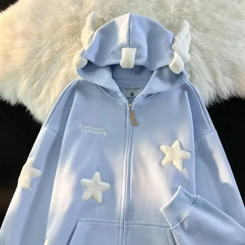 Riolio Sweet Street Star-shape Embroidery Kawaii Hoodies Coats Women Autumn Winter Women's Sweatshirt Cardigan Korean Fashion Zip Hoody