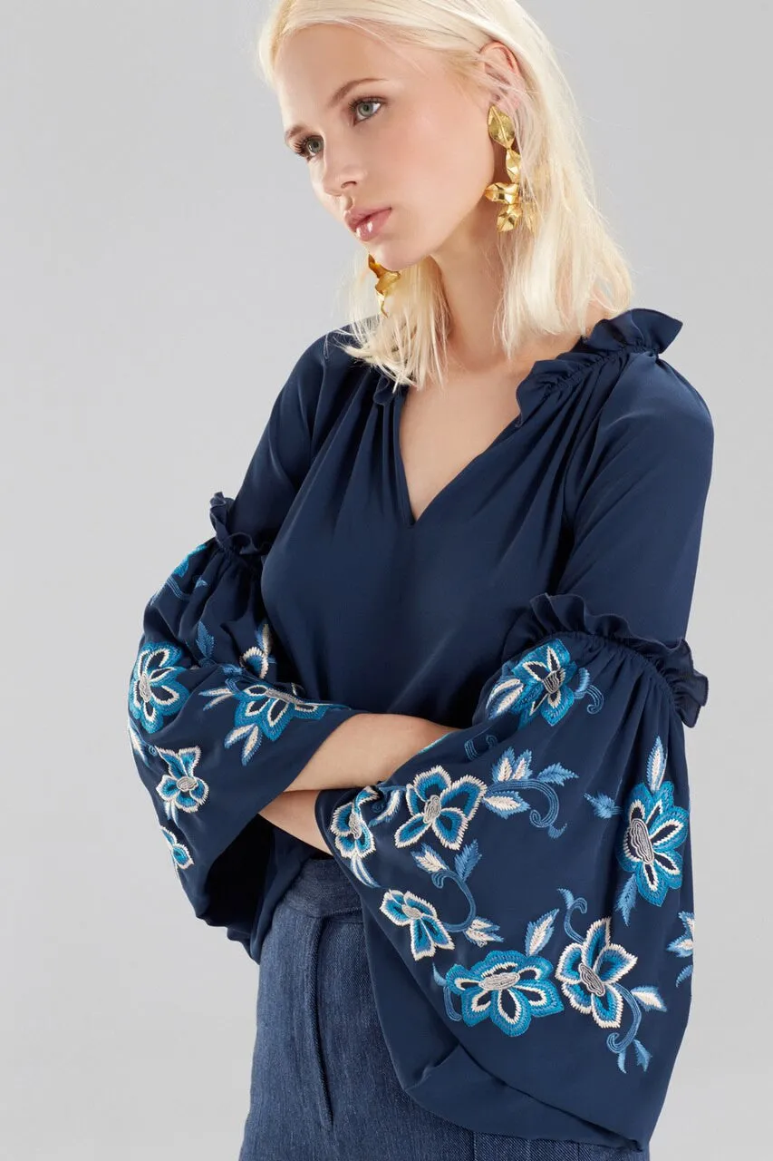 Solid Silky Soft Peasant Top With Embroidery