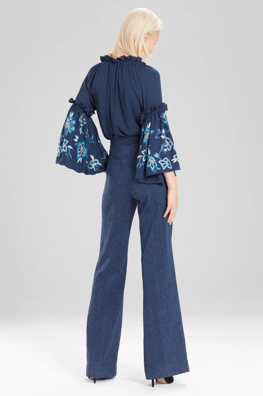 Solid Silky Soft Peasant Top With Embroidery