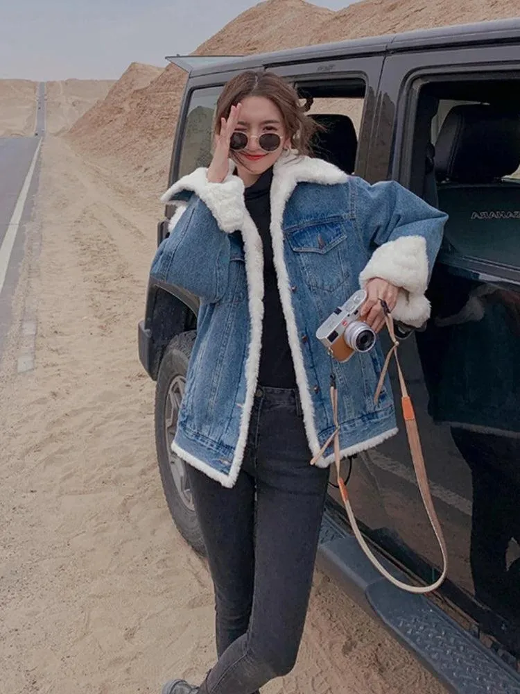 Velvet-Thickened Lamb Wool Denim Jacket for Women –Korean Style Winter Outerwear