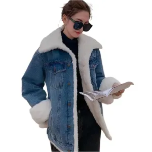 Velvet-Thickened Lamb Wool Denim Jacket for Women –Korean Style Winter Outerwear