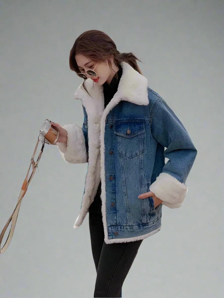 Velvet-Thickened Lamb Wool Denim Jacket for Women –Korean Style Winter Outerwear