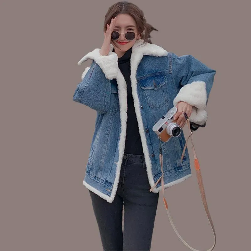 Velvet-Thickened Lamb Wool Denim Jacket for Women –Korean Style Winter Outerwear