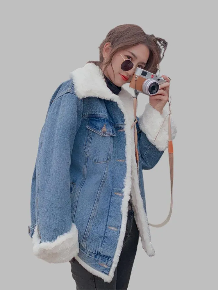 Velvet-Thickened Lamb Wool Denim Jacket for Women –Korean Style Winter Outerwear