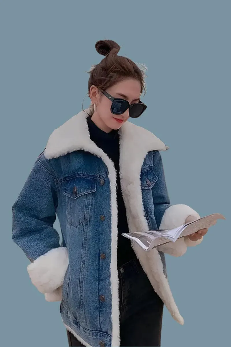 Velvet-Thickened Lamb Wool Denim Jacket for Women –Korean Style Winter Outerwear