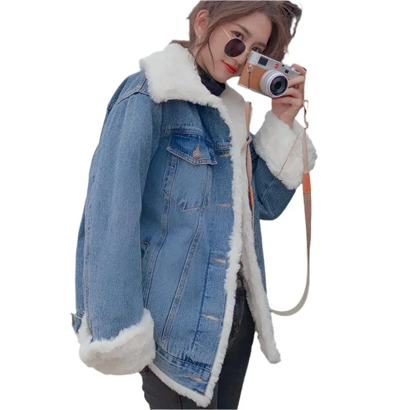 Velvet-Thickened Lamb Wool Denim Jacket for Women –Korean Style Winter Outerwear